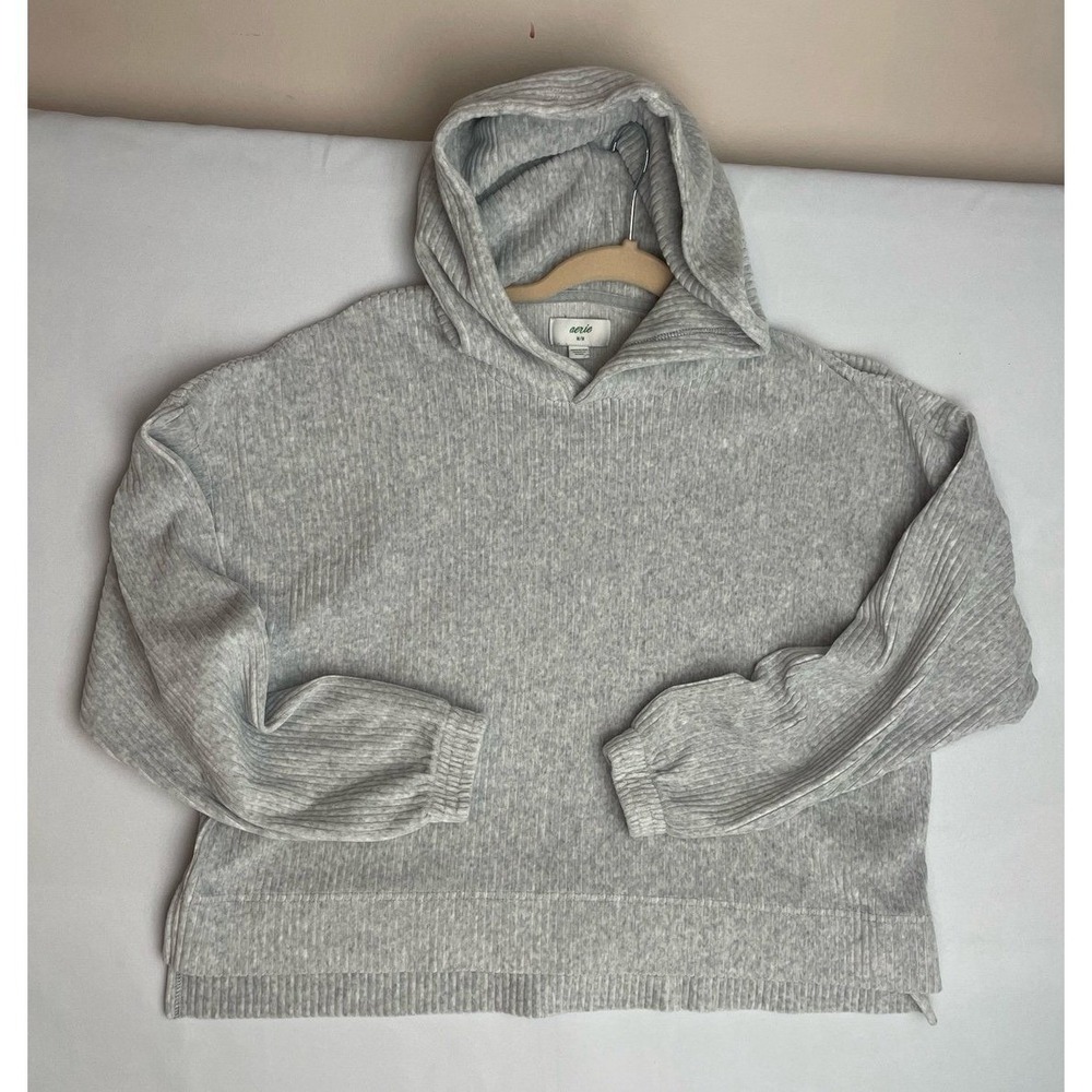 Aerie Groove-On velour ribbed cropped Hoodie soft Grey women's oversized M